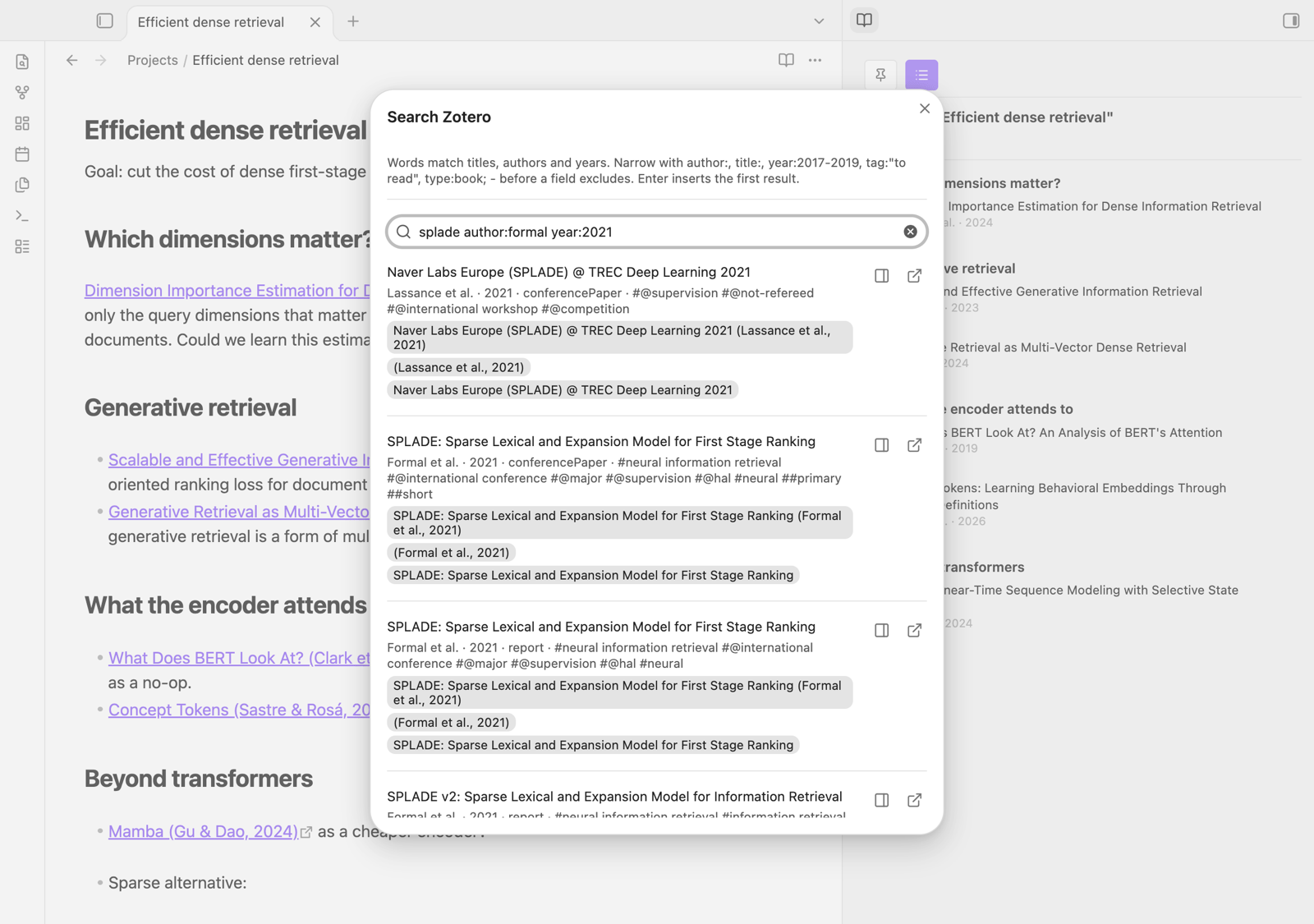 Search Zotero: the query "splade author:formal year:2021" and its results, each with the labels its link can have and buttons to show it in the sidebar or in Zotero