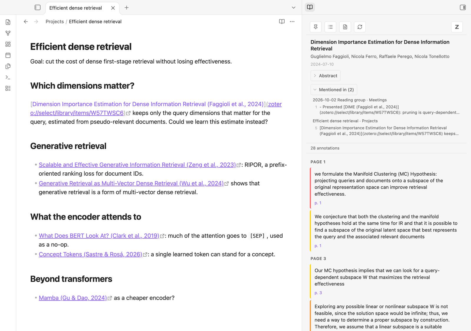 The cursor on a Zotero link in a project note: the sidebar shows the paper, the two notes mentioning it, and its annotations in their highlight colours, grouped by page