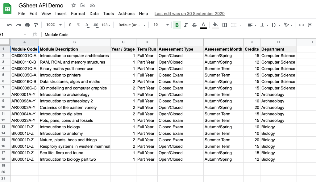 Google Sheet demo sheet content - screenshot