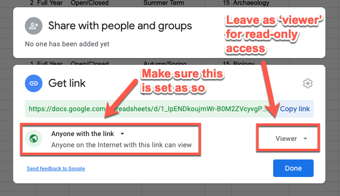 Google Sheets public link settings - screenshot