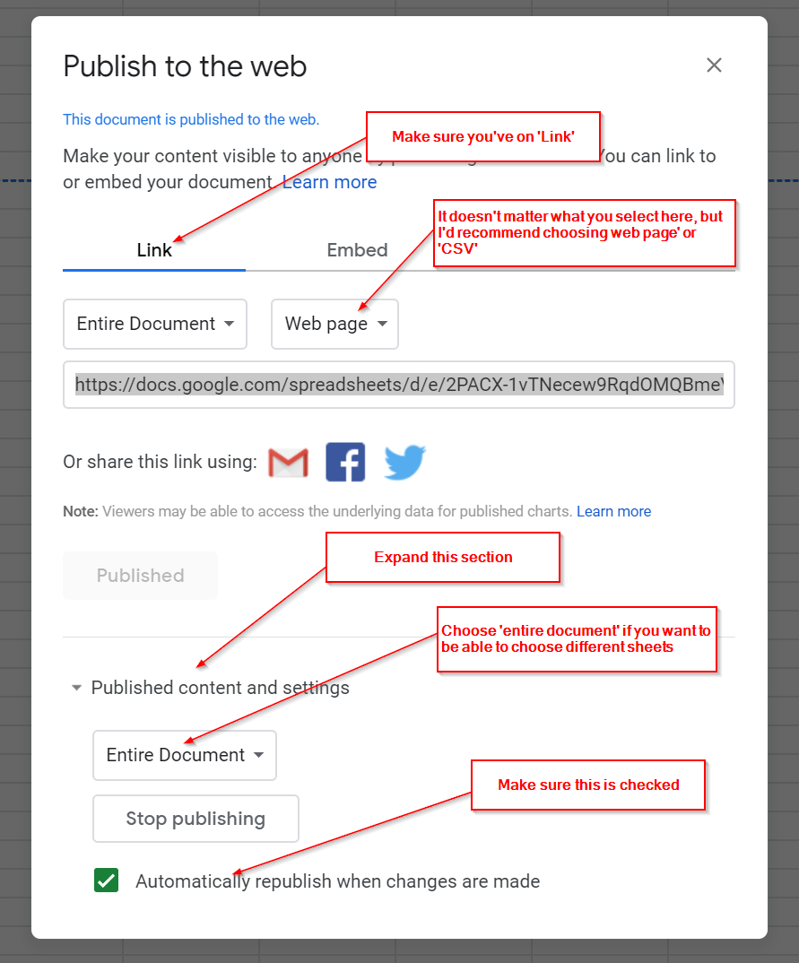 Google Sheets publishing settings - screenshot