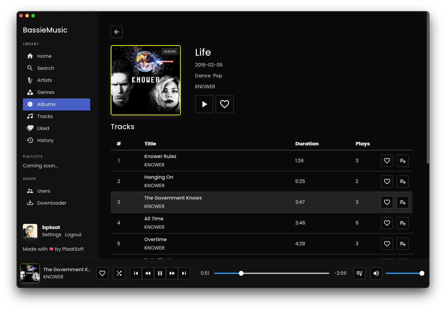 The BassieMusic macOS app playing the album Life from Knower