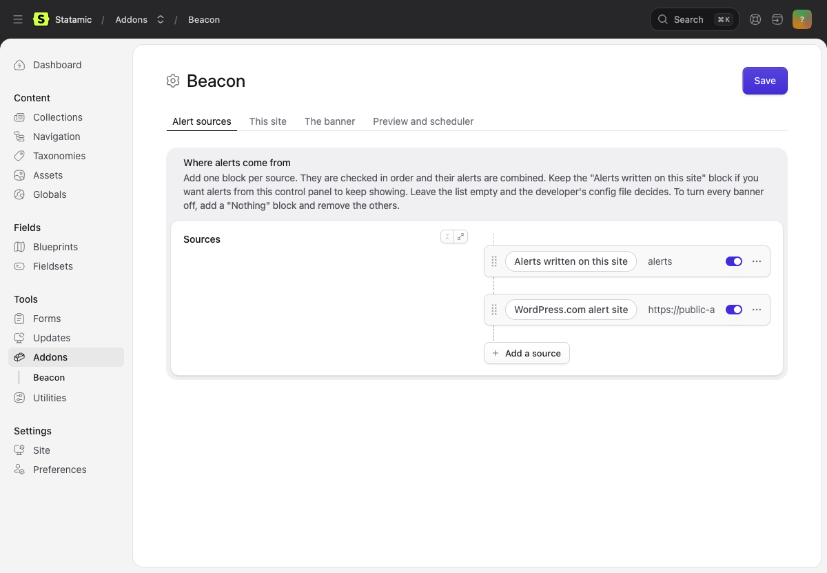 The settings screen, Alert sources tab