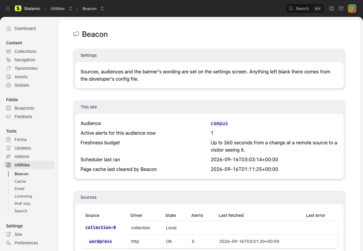 The Beacon page under Tools