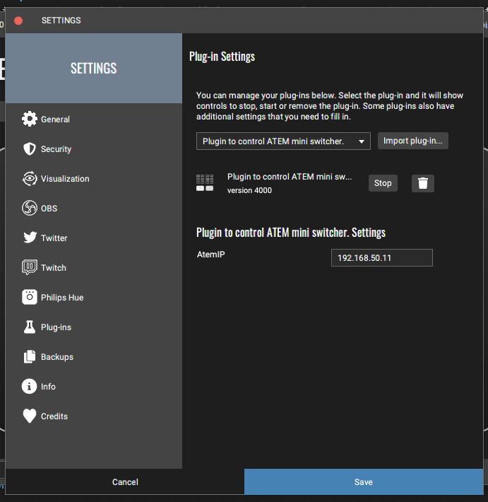 Touch Portal ATEM Plugin Settings