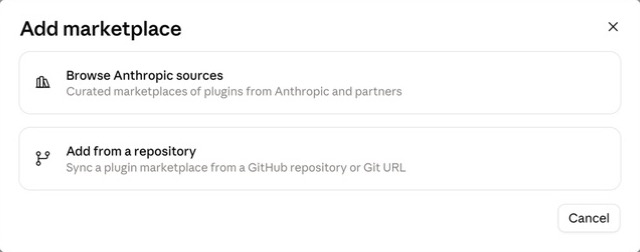Add marketplace dialog with the Add from a repository option