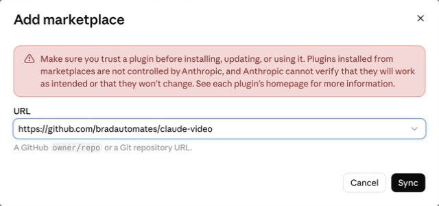 Marketplace URL form filled with the public claude-video GitHub address and a Sync button