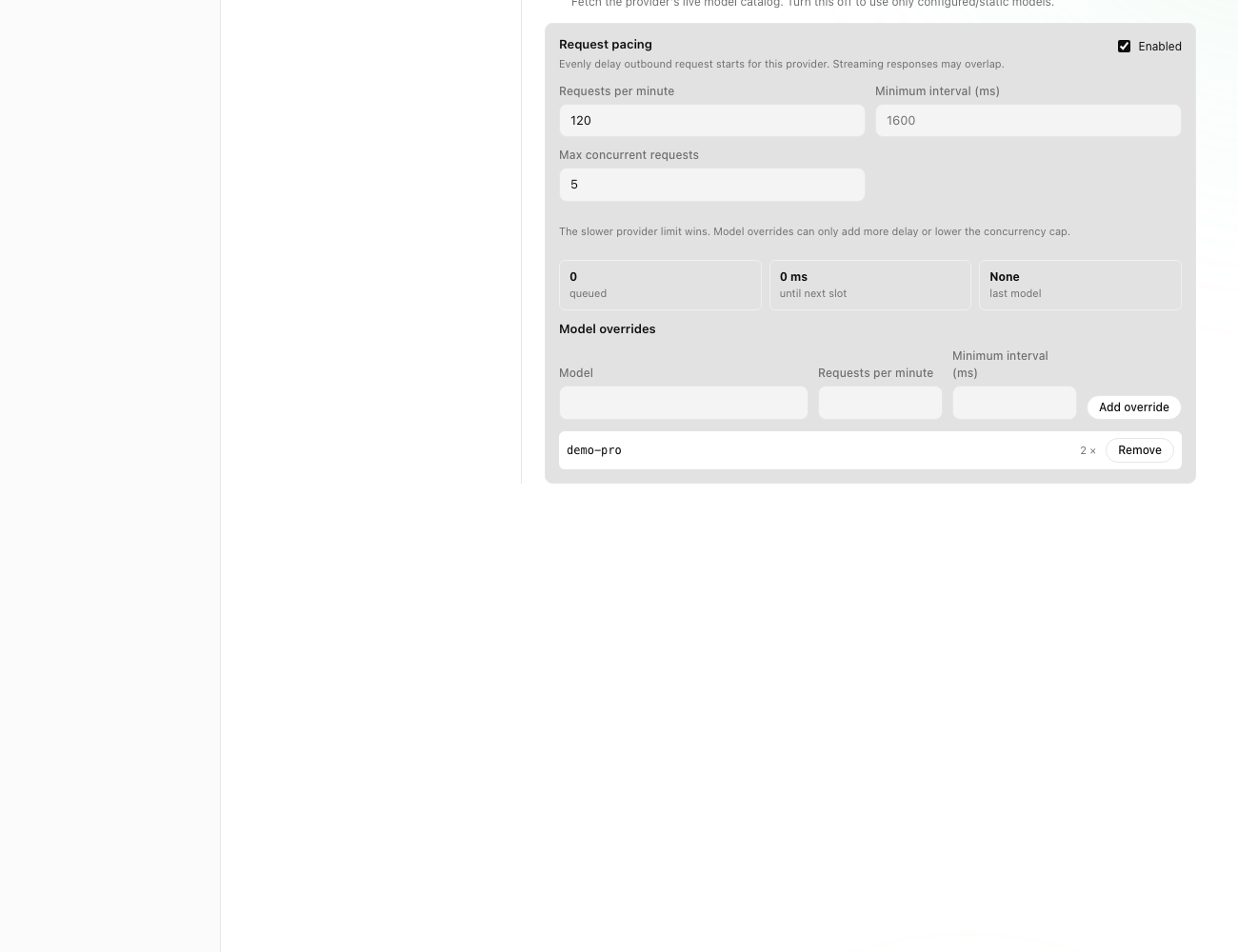 Provider request pacing settings with Max concurrent requests and the demo-pro model override
