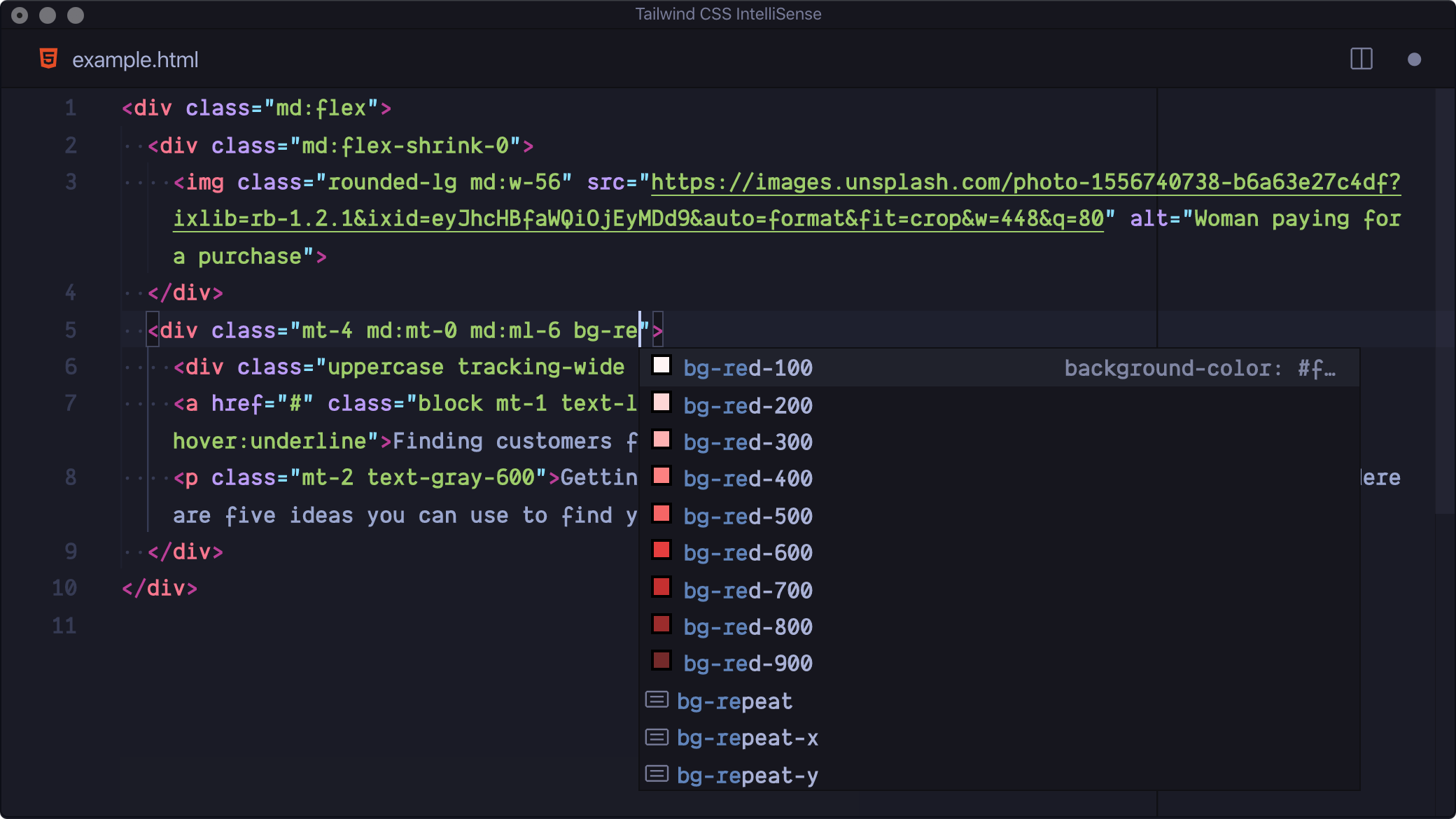 Imagen de demostración de Tailwind CSS Intellisense