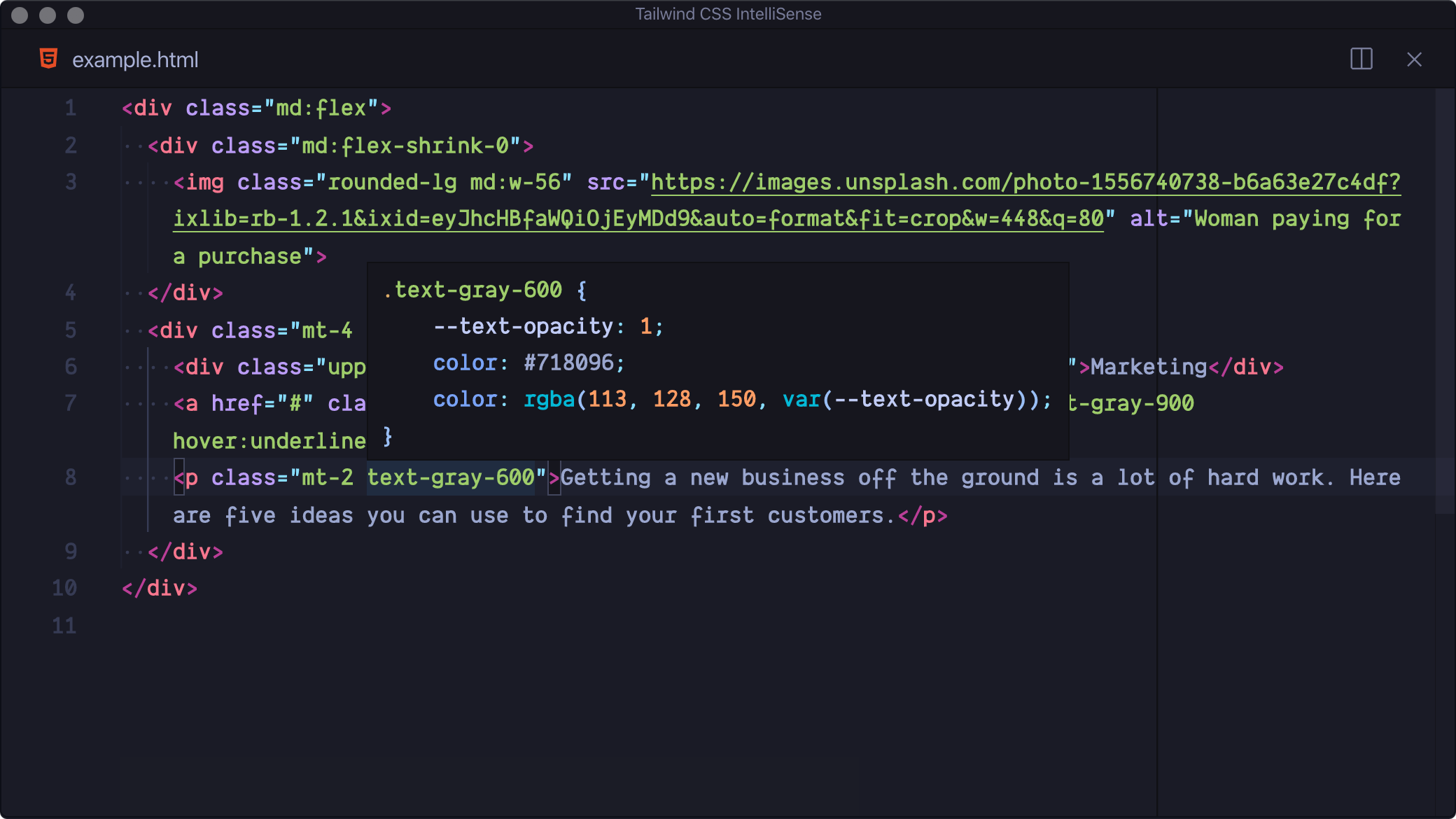 Tailwind CSS Intellisense in hover demo image