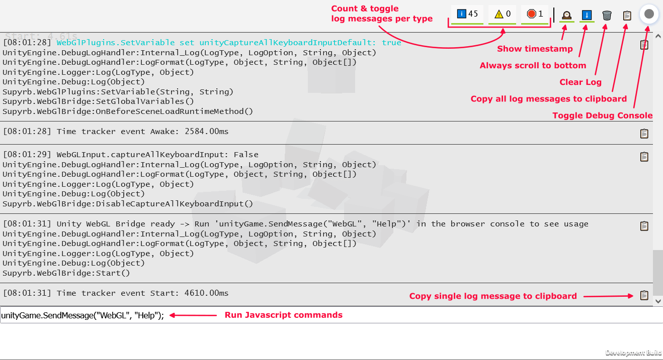 Debug Console Screenshot with description of features