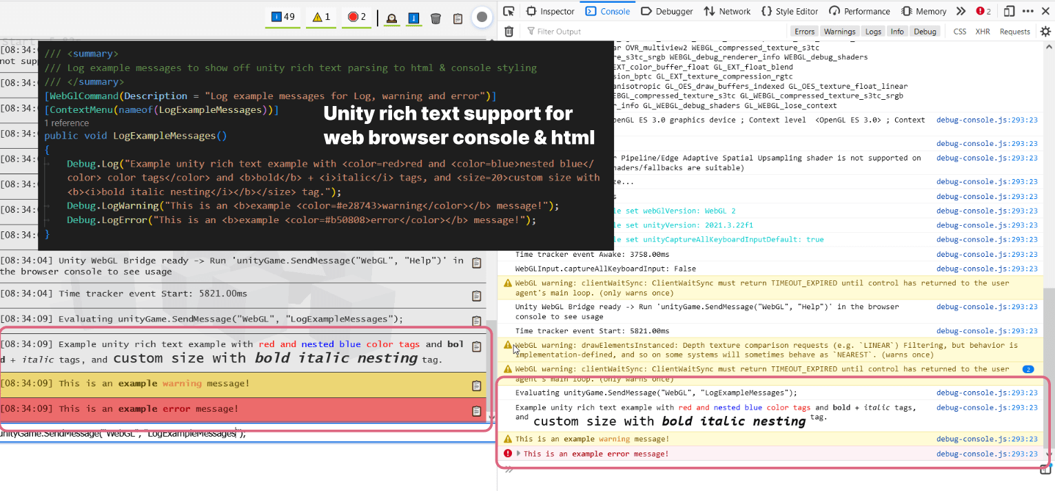 Screenshot of styled unity log message in browser console