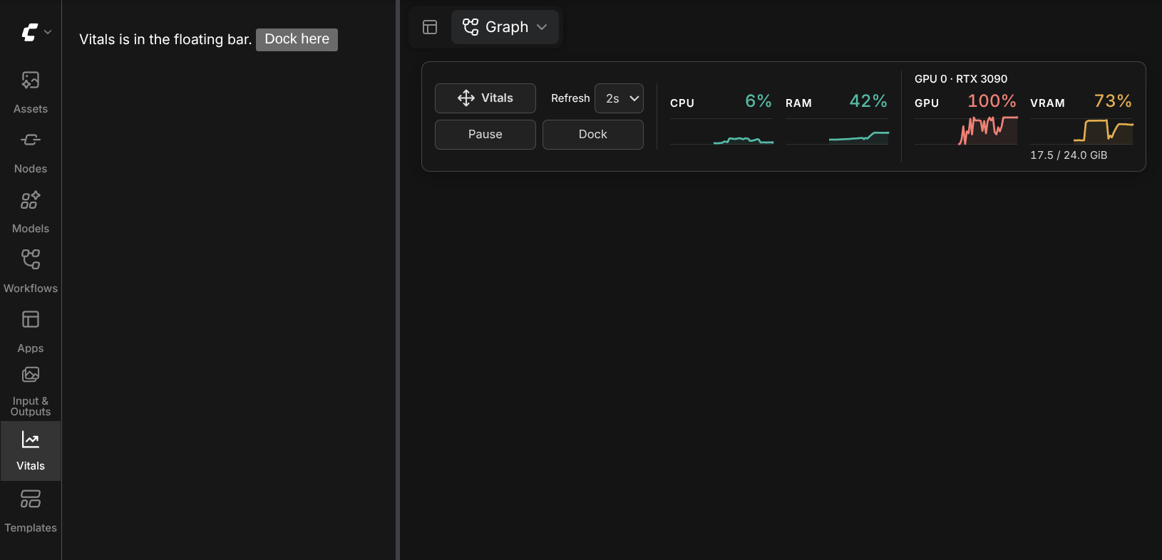 Detached Vitals bar with compact Pause and Dock controls, CPU and RAM graphs, and GPU and VRAM readings