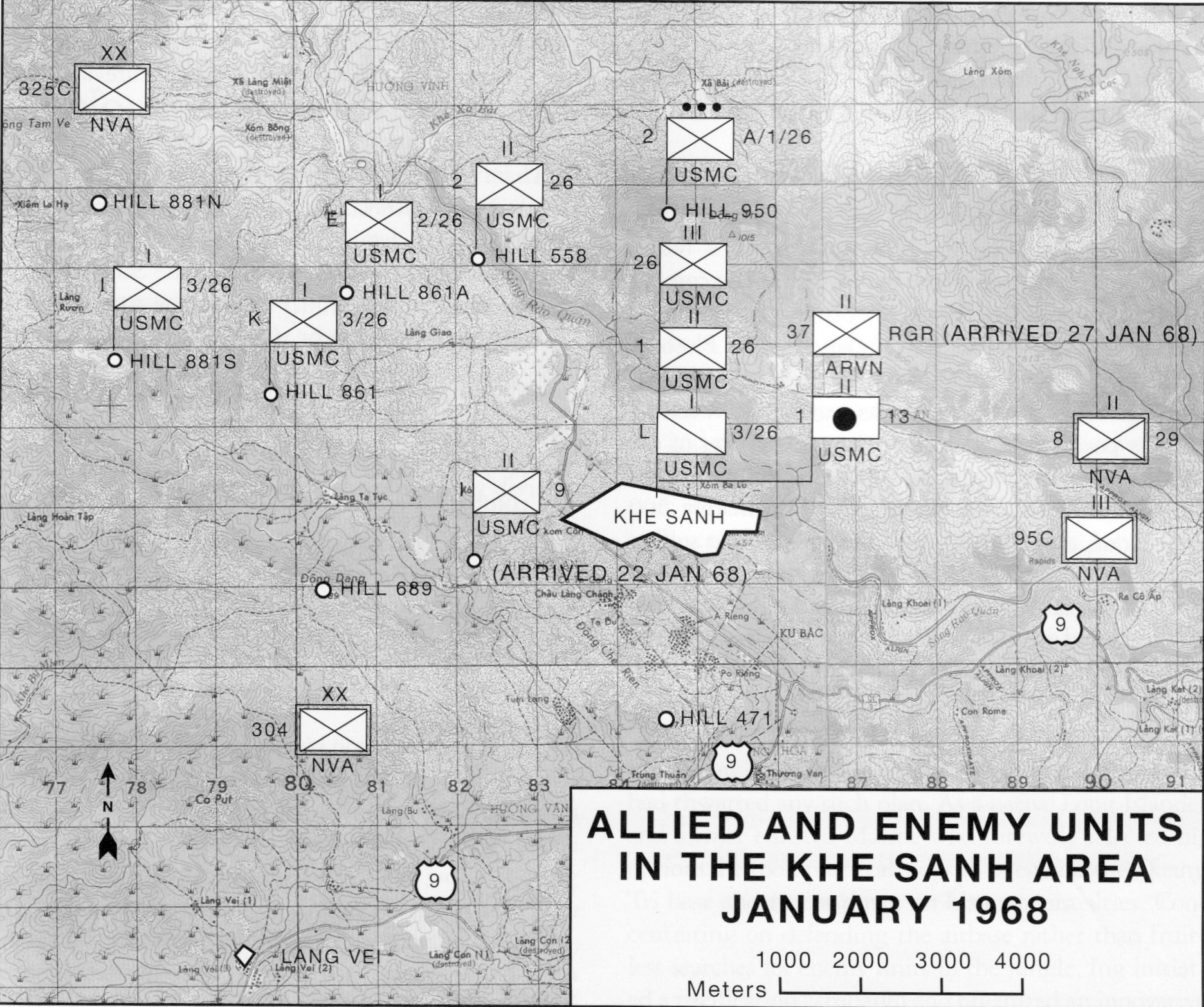 Tactical map of allied and enemy units in the Khe Sanh area, January 1968