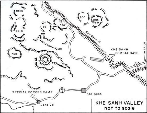 Map of the Khe Sanh valley showing the base, airstrip, hill outposts, Route 9 and Lang Vei