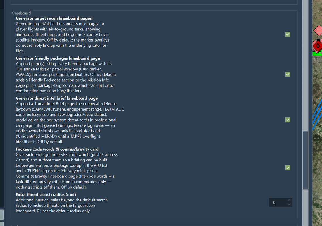 The Kneeboards settings page with toggles for generating the target-recon page, the friendly-packages page, the brief-sheet/BLUF page, the comms/code-words/brevity card, and the extra threat-search radius