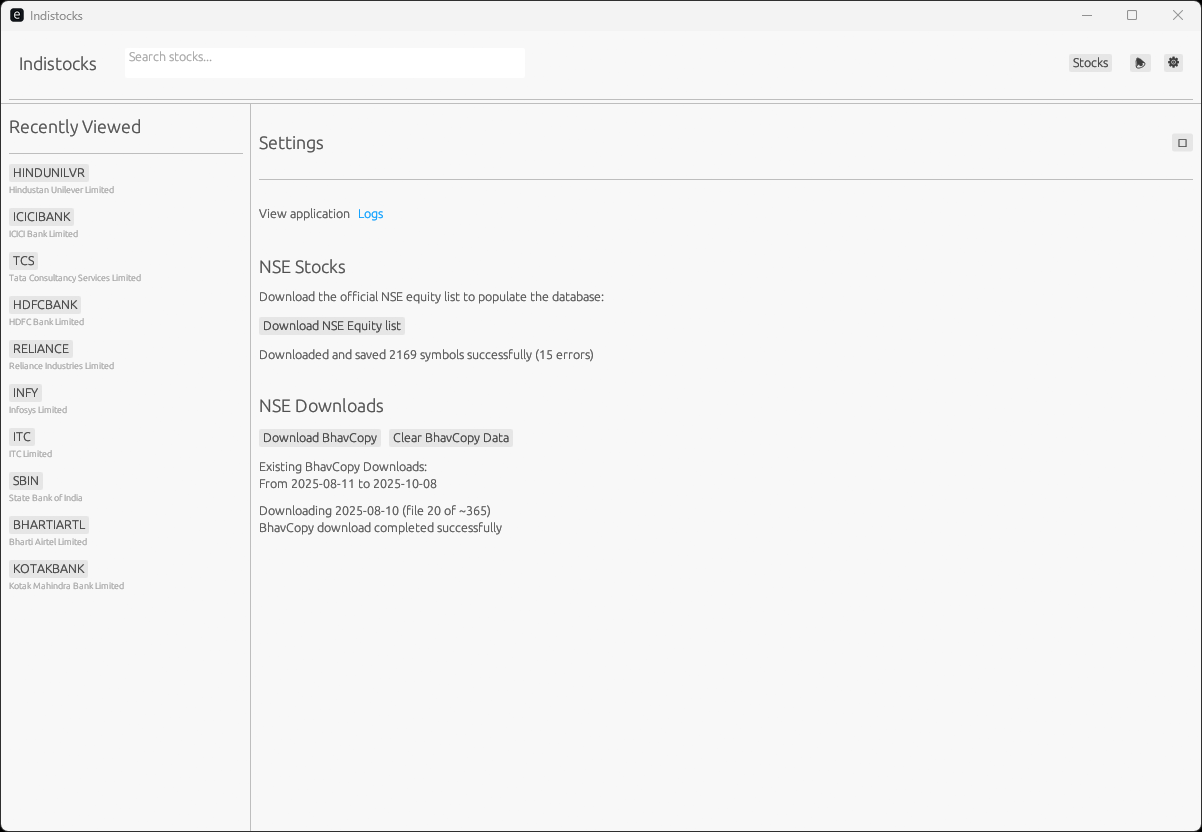 Settings page and download options