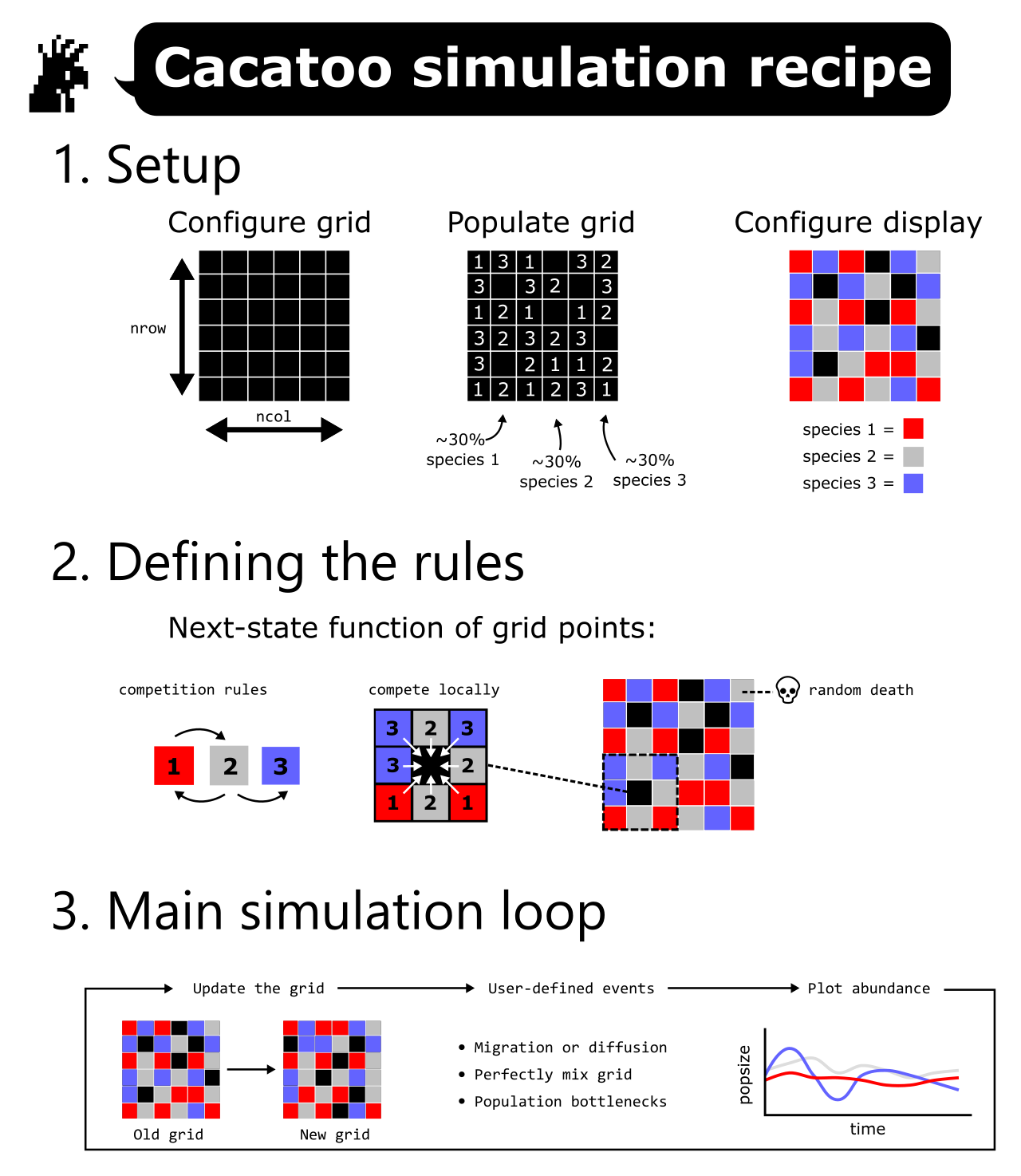 The basic recipe of a Cacatoo simulation contains three ingredients: 1) setup, 2) defining the rules, and 3) setting up the main simulation loop.
