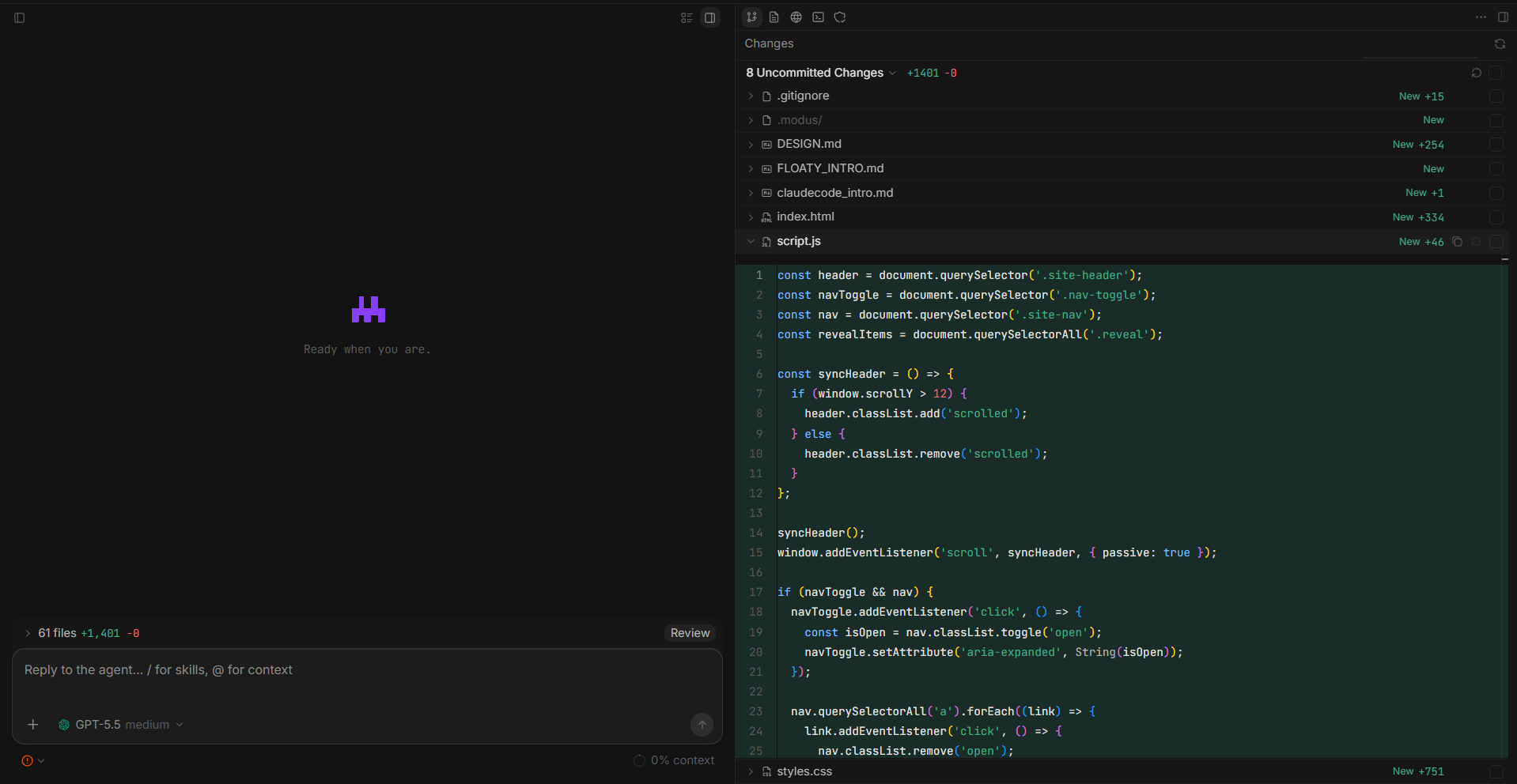 Modus desktop UI: chat timeline, project sidebar, changes, terminal, and inspector