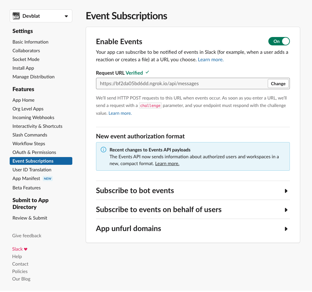 Event Subscriptions page