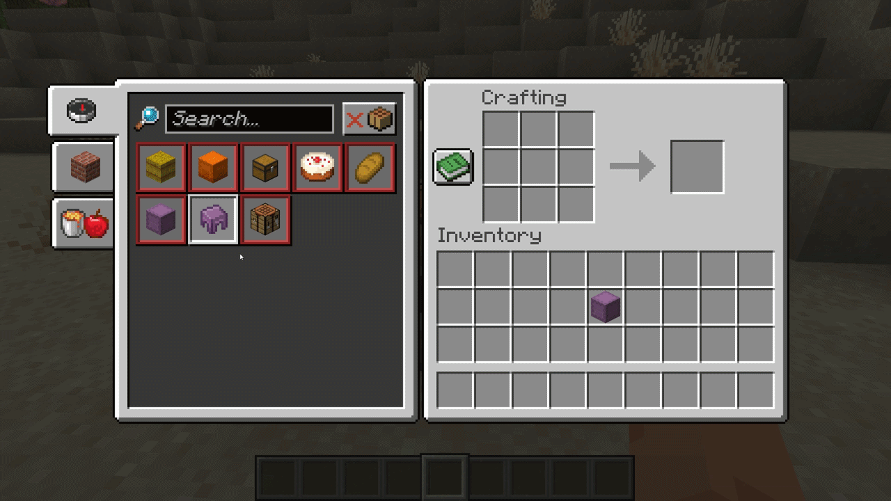 An empty shulker box being uncrafted into two shells while its chest returns to the crafting grid