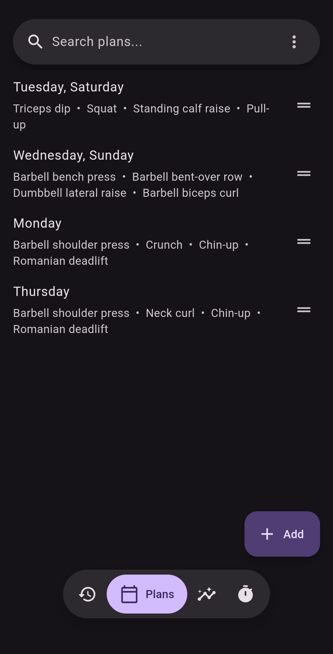 Flex workout plans screen with scheduled workouts and exercises