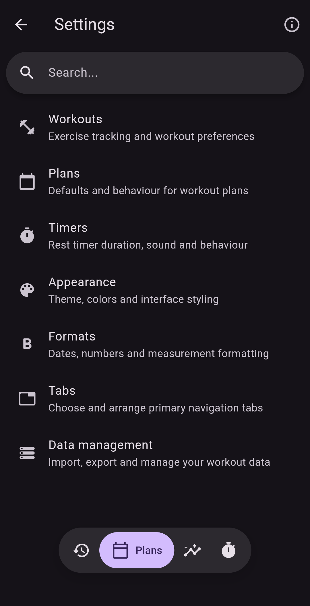 Flex settings screen with appearance, data, plans, timers, and workouts options