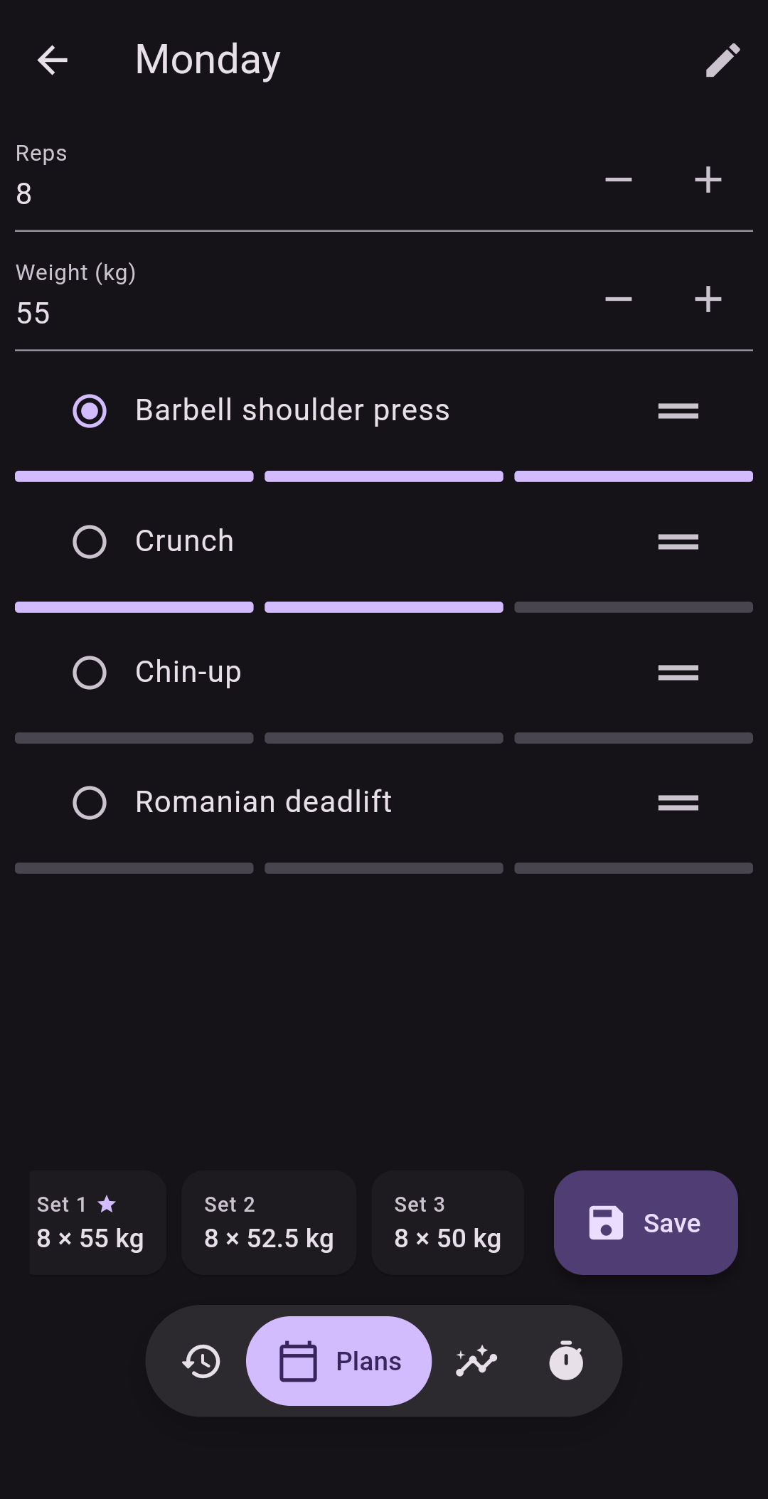 Flex plan progress with exercises, sets, and weights