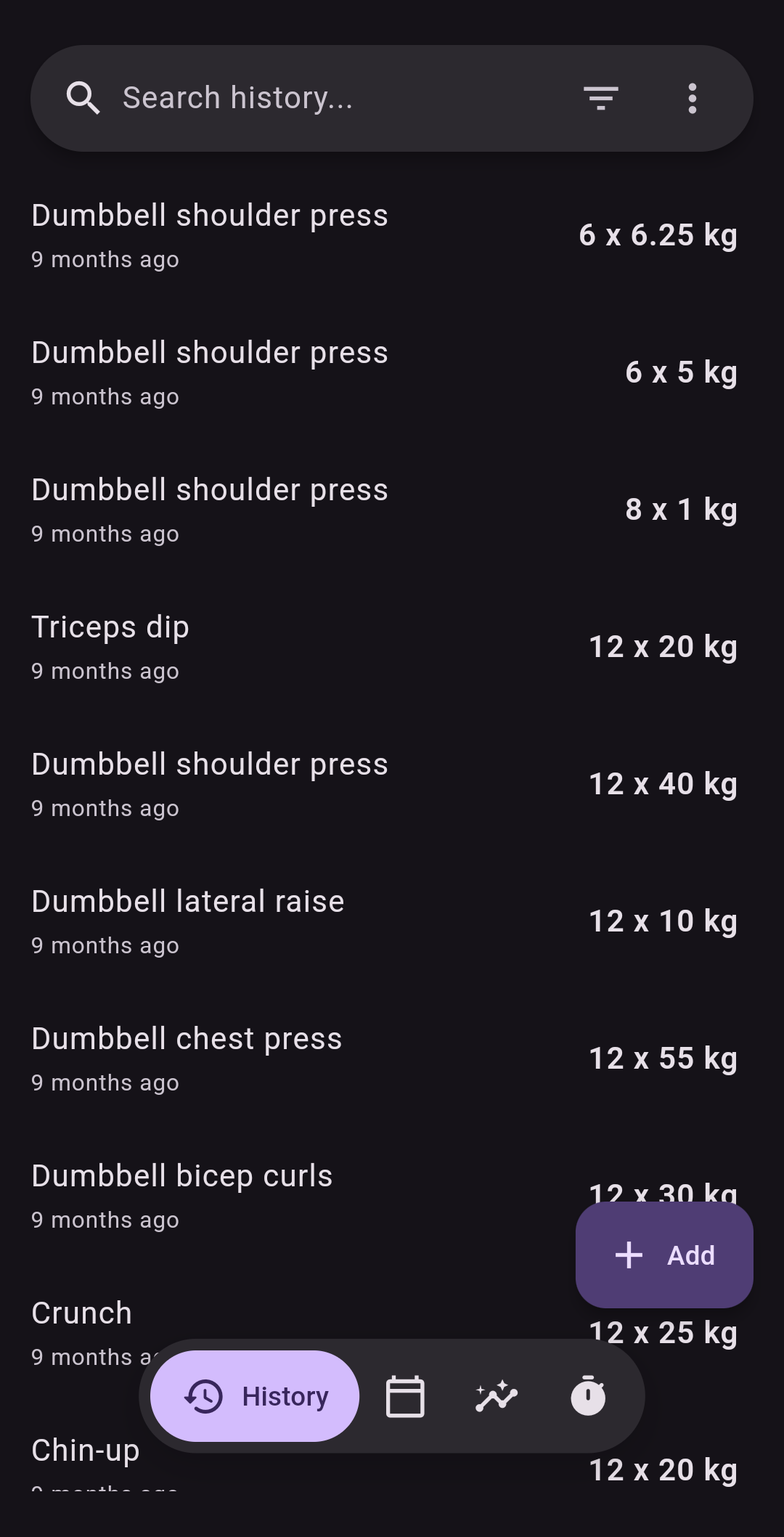 Flex history screen listing recorded exercise sets and weights