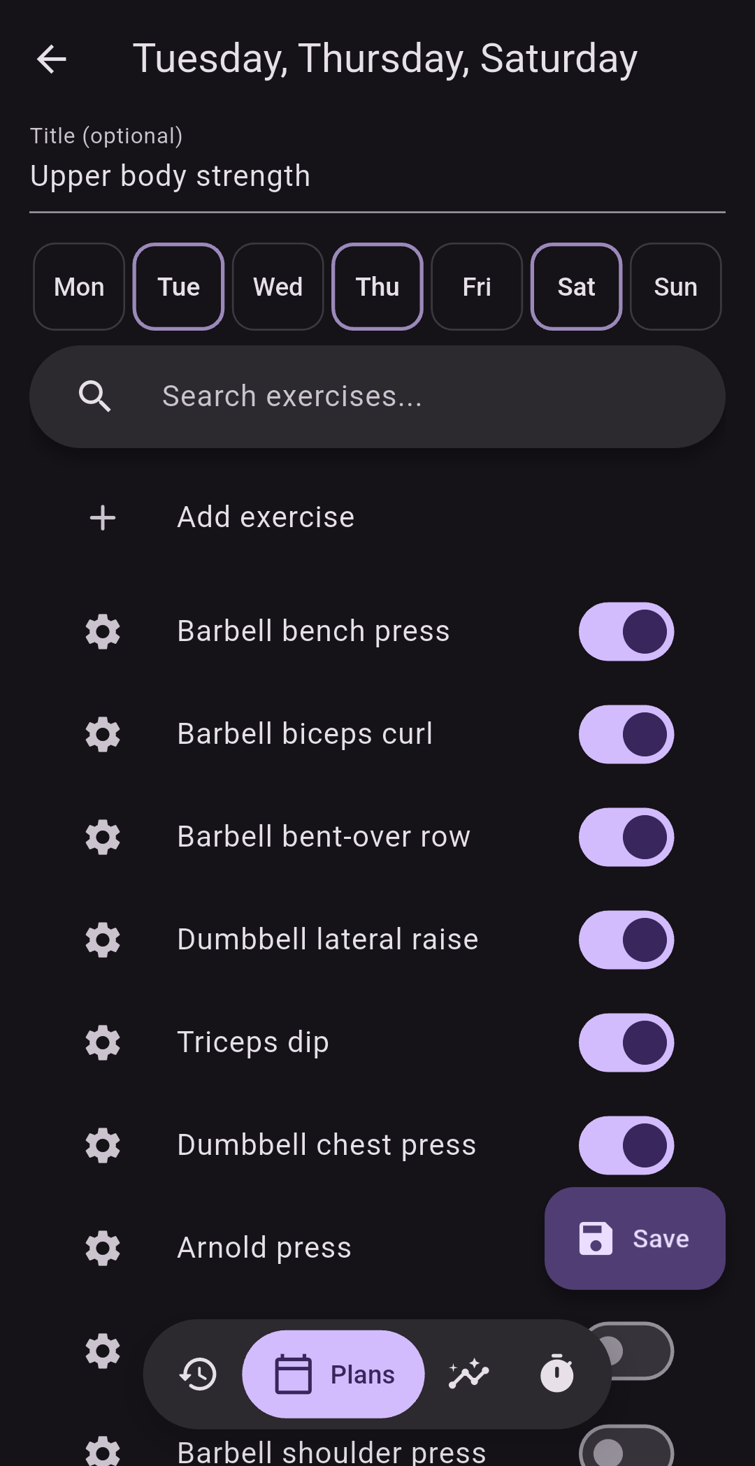 Flex workout screen showing selected days and exercises