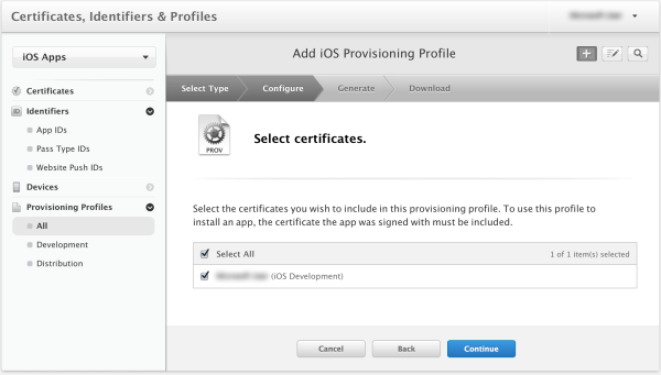 SelectIOSDevelopmentCertificate