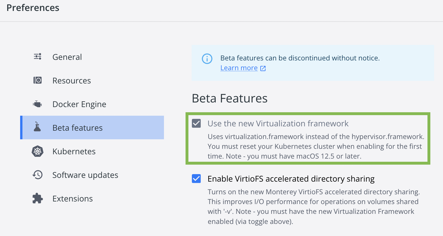 Screenshot of enabling the new Virtualization framework in Docker's preferences