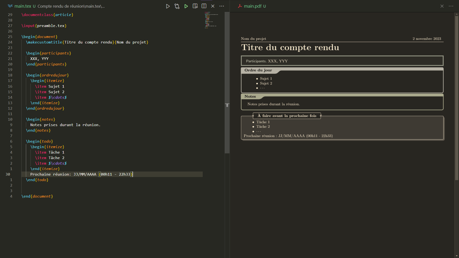 Capture d'écran du modèle "compte rendu de réunion"