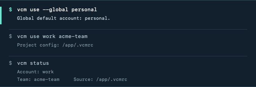 Terminal example showing global account selection, a project account and team, and status