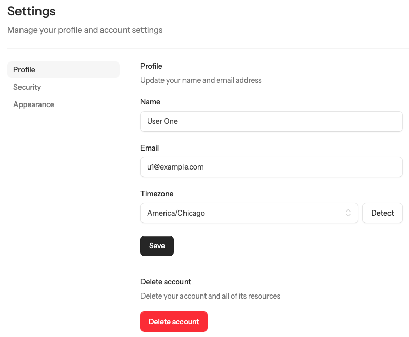 Profile settings with timezone selection and detection