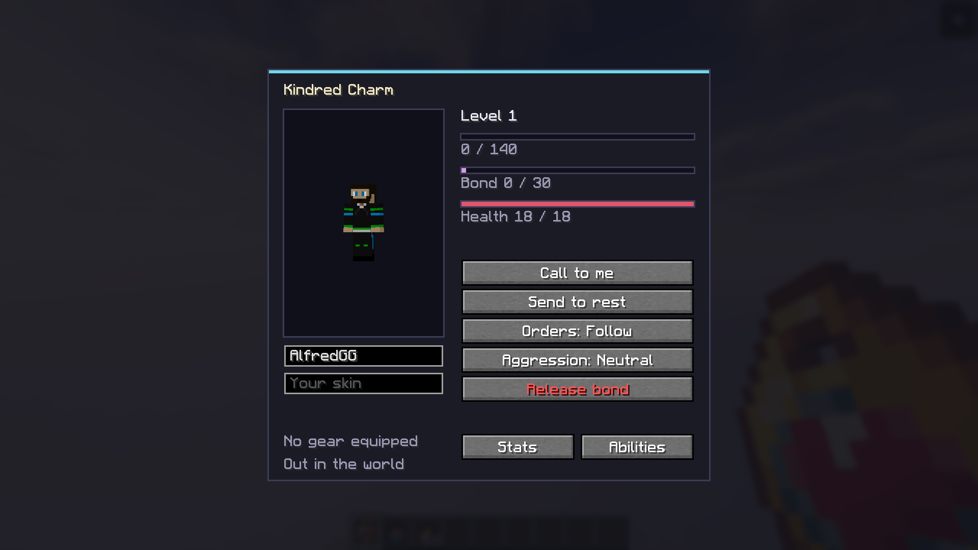 The charm screen showing level, bond and health