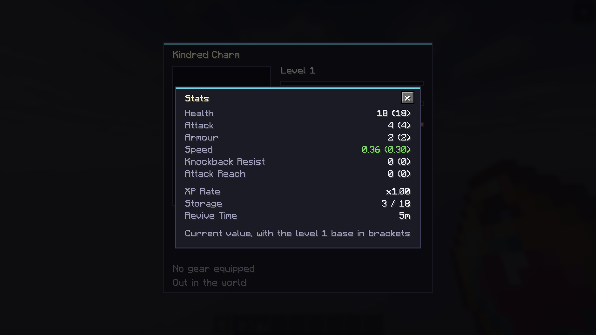 The Stats popup on the charm screen