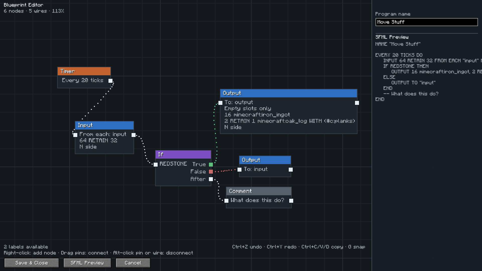 The blueprint editor with a program on the canvas and the generated SFML alongside it