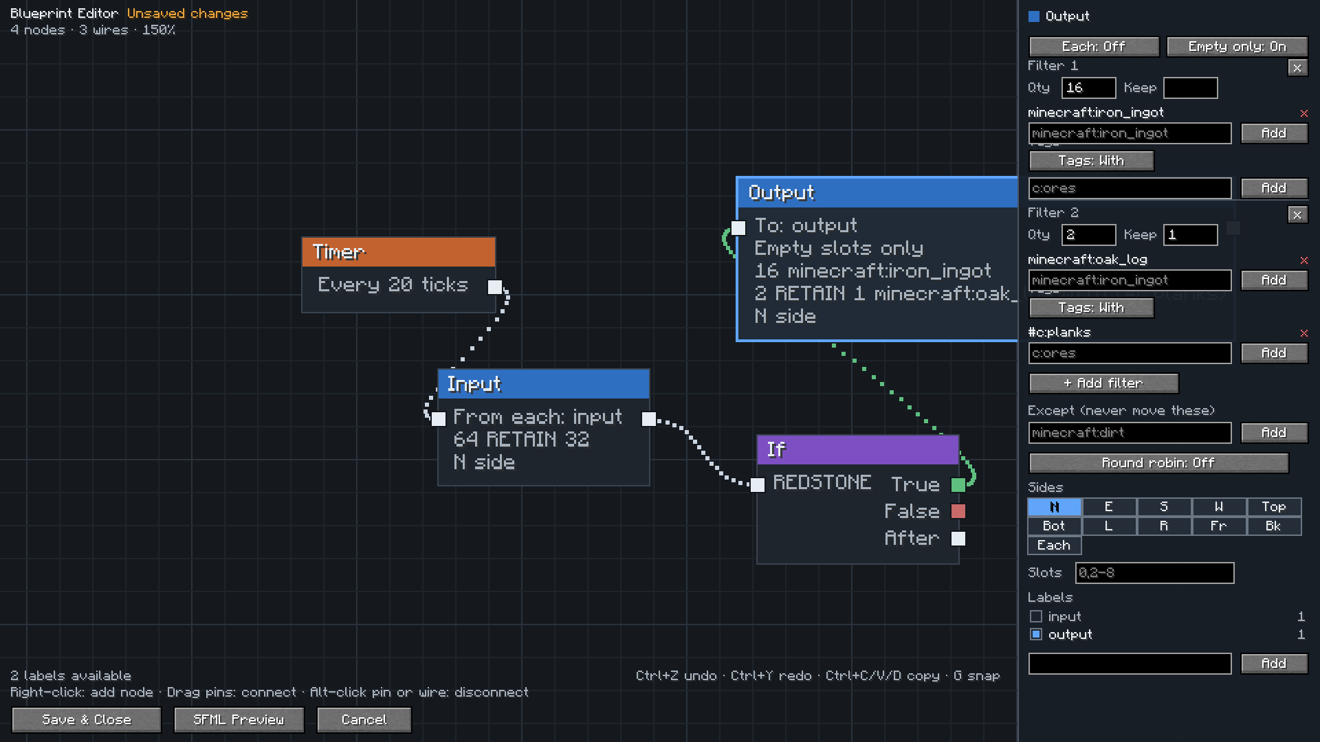 An Output node with two separate filters, each with its own amounts and tags
