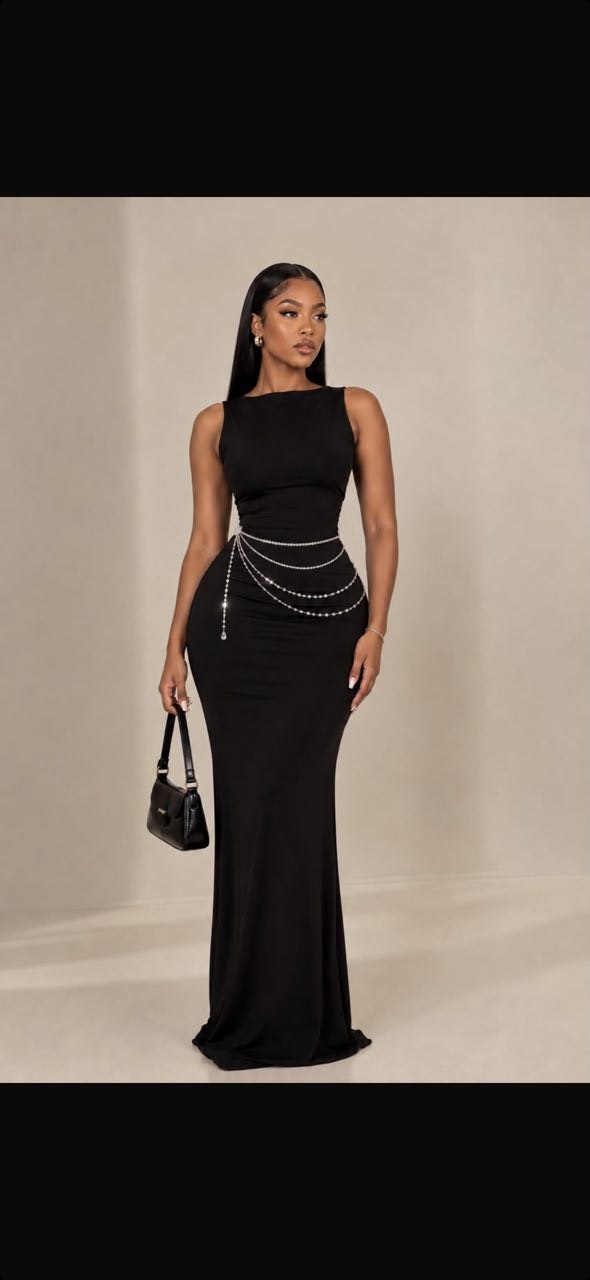 Black Chain-Waist Maxi Dress