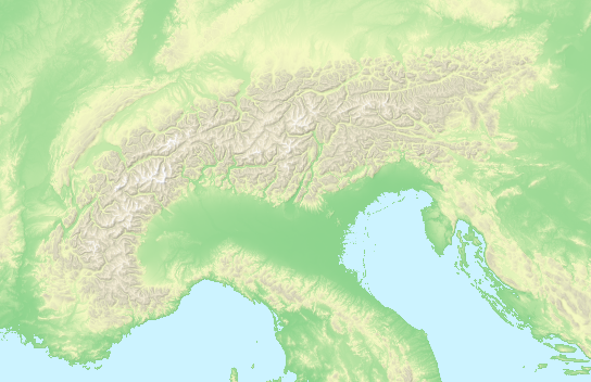 Alps - elevation colored and hillshaded