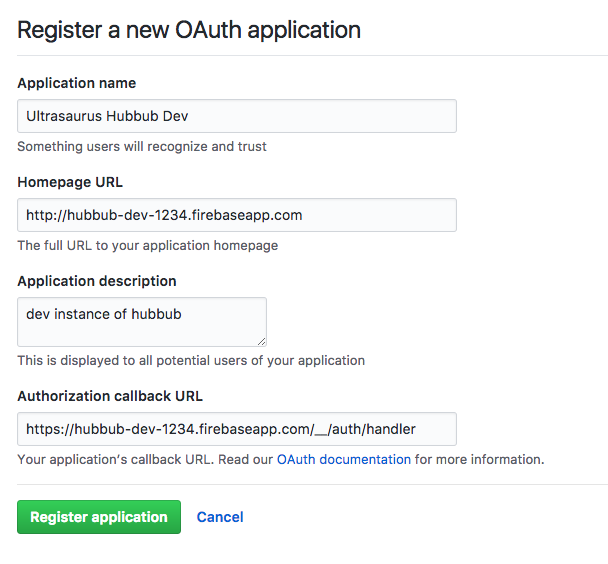 Github app registration form