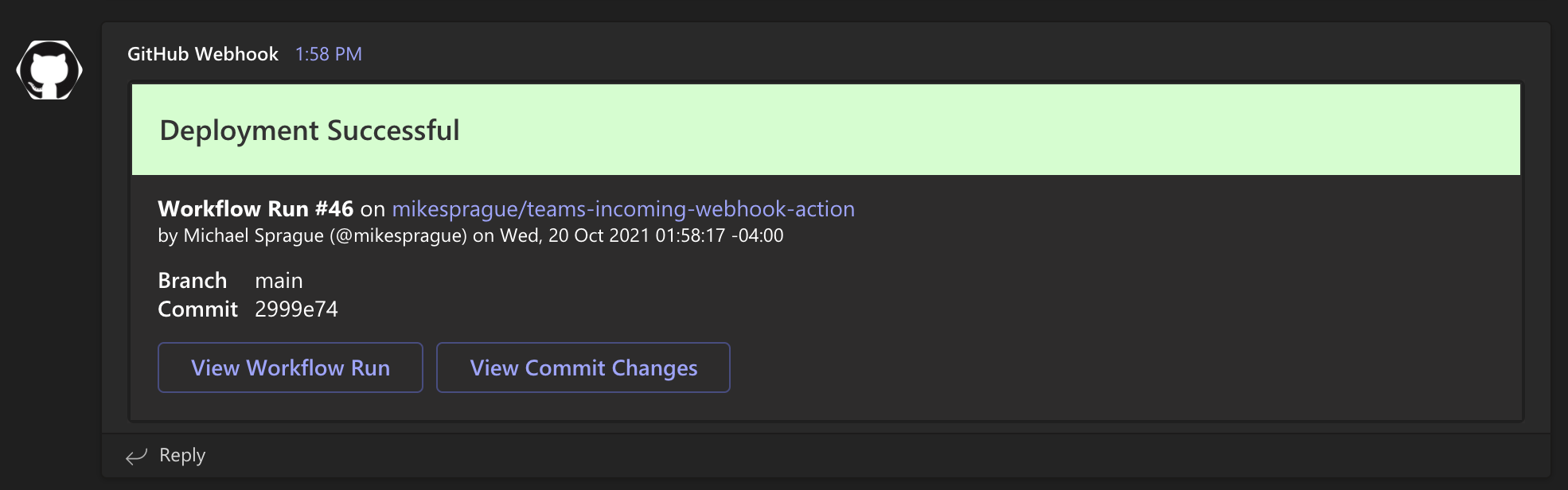 Deploy Notification Example - Success