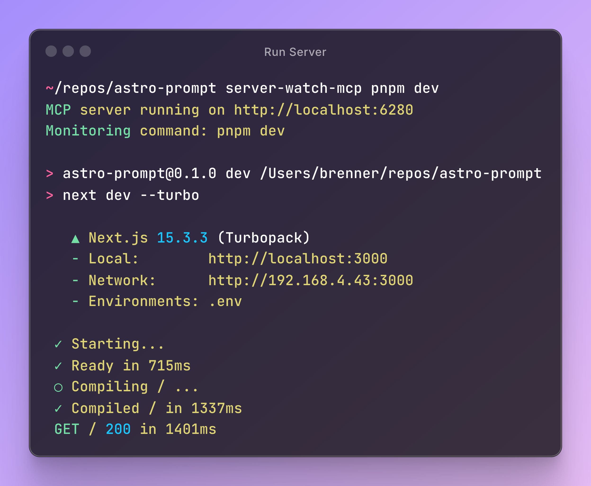 Claude…
Details
- Author
- BrennerSpear
- Downloads
- 297
- Categories
- Other
Jump to
- HTTP-based MCP server running as a standalone service
- Real-time capture of stdout and stderr from any command
- Circular in-memory buffer storing the last 5000 log entries
- Two MCP tools: get_logs and search_logs
- get_logs supports optional filtering by stream type
- search_logs supports case-insensitive substring matching
Setting up with Highlight
This MCP is not yet compatible with Highlight’s one-click setup. However, you can still use it with Highlight by following these steps:
- Download and install Highlight from highlightai.com/download
- Navigate to the plugins tab and select "Add Custom Plugin"
-
Configure the plugin with the settings below
Plugin Name
Server WatchCommand (node, npx, python, etc.)Please refer to the README for specific instructions on how to obtain API keys or other required environment variables.
- Enable "Start Automatically" if you want the plugin to start when Highlight launches
From the repository
Install globally with npm install -g server-watch-mcp. Then wrap your command, e.g., server-watch-mcp npm run dev. The server starts on port 6280 (or the SERVER_WATCH_MCP_PORT environment variable). Add the MCP server to Claude Code with claude mcp add -s user -t sse server-watch-mcp http://localhost:6280/sse.
Claude Desktop / Cursor
Paste into your MCP client config file to install this server.
{
"mcpServers": {
"server watch": {
"server-watch-mcp": {
"command": "echo",
"type": "sse",
"url": "http://localhost:6280/sse"
}
}
}
}
McpServers
{
"server-watch-mcp": {
"command": "echo",
"type": "sse",
"url": "http://localhost:6280/sse"
}
}
server-watch-mcp
A straight-forward CLI wrapper that monitors and captures output from any running command and exposes it as an MCP server. Perfect for development workflows where you need to access server logs, build output, or any process output.
![Run server