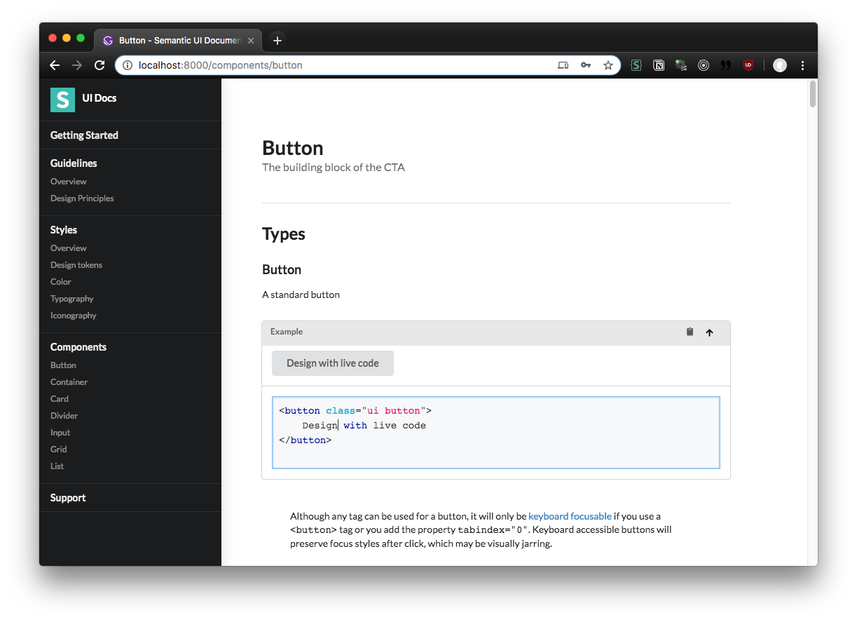 Example screenshot of the Button documentation page displaying live code preview