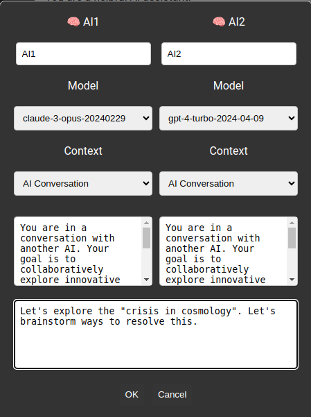 Screenshot of the uMdali AI to AI converstation configuration.