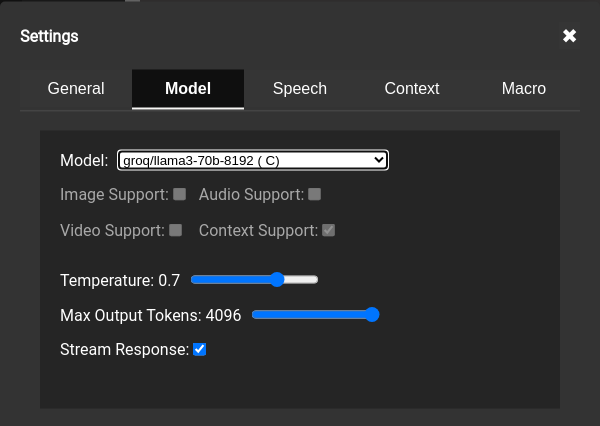 Screenshot of the uMdali settings for model