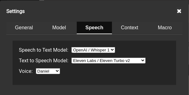 Screenshot of the uMdali settings for speech