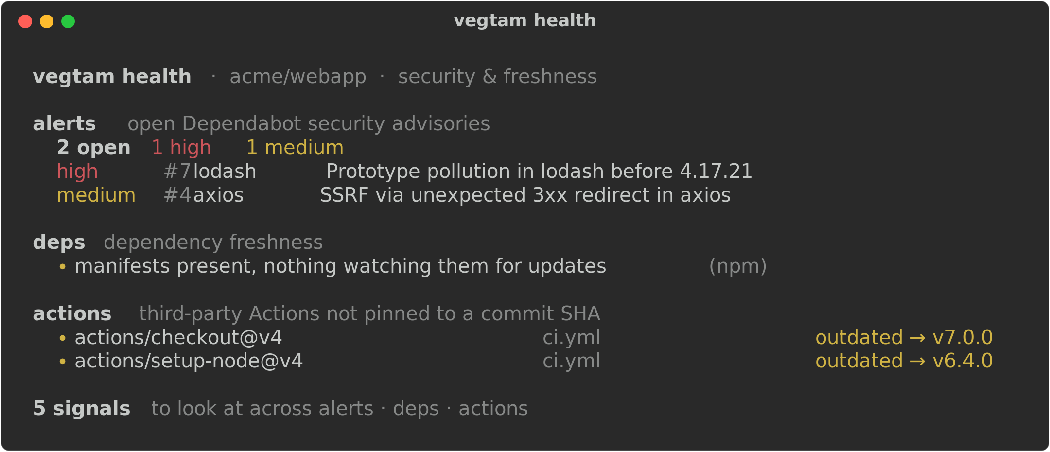 vegtam health — open Dependabot alerts by severity, dependency freshness, and third-party Actions not pinned to a commit SHA, with a signal count