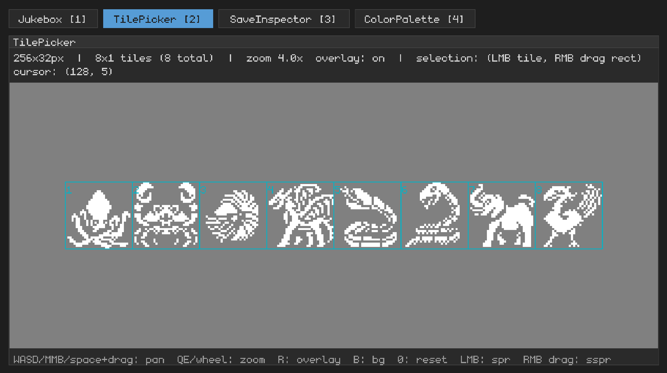 Usagi tools window showing the TilePicker selected with monster sprites by Hexany Ives